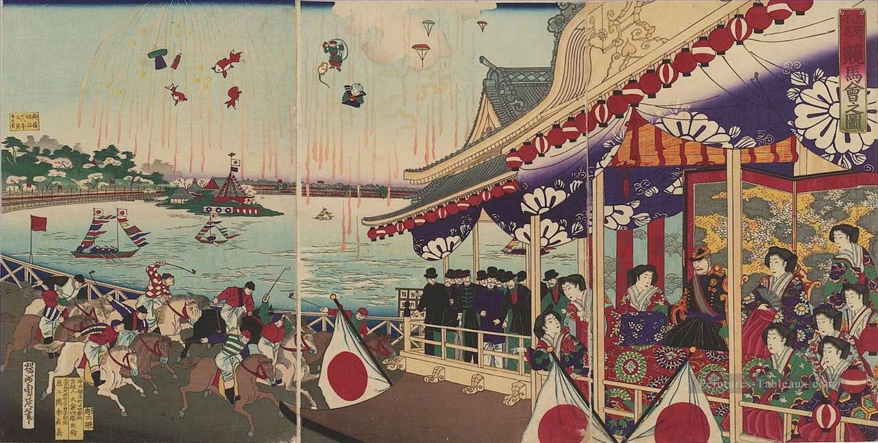 illustration de courses de chevaux à Shinobazu à Ueno 1885 Toyohara Chikanobu Bijin okubi e Peintures à l'huile